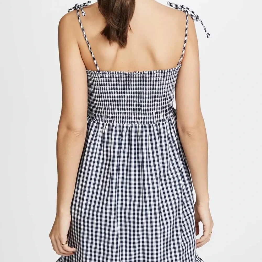 Tory Burch Navy and White Gingham Smocked Midi Dress